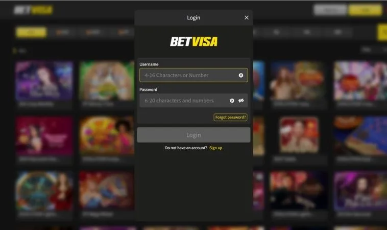 Đăng nhập tài khoản để trải nghiệm game tại BETVISA