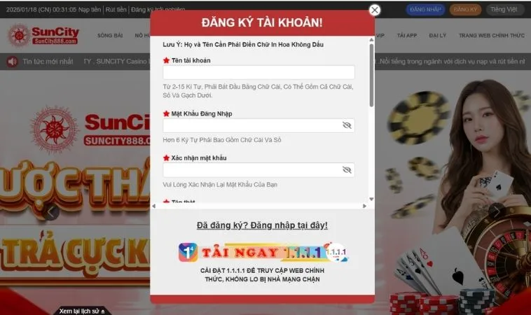 Đăng ký tài khoản trải nghiệm chơi game tại Suncity