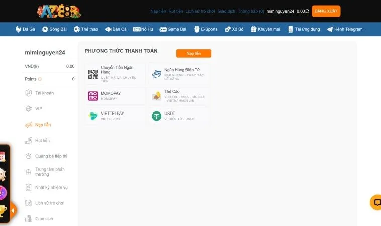 Giao diện nạp tiền tại AZ888