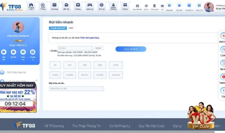 Giao diện rút tiền tại nhà cái TF88